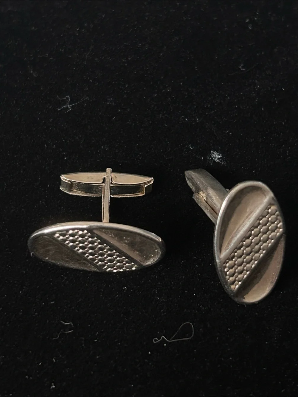 Silver Tone Oval Cufflinks Textured with Diagonal Stripes